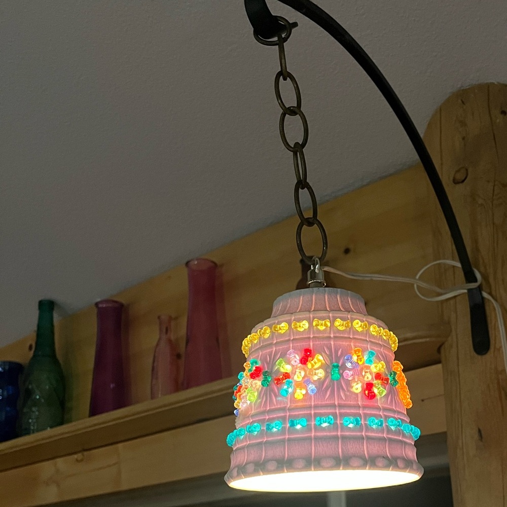 Vintage Boho Small Swag Lamp • Beaded Plastic Pendant Light • Plug-In - Picture 9 of 10